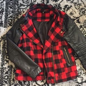 Plaid and faux leather jacket